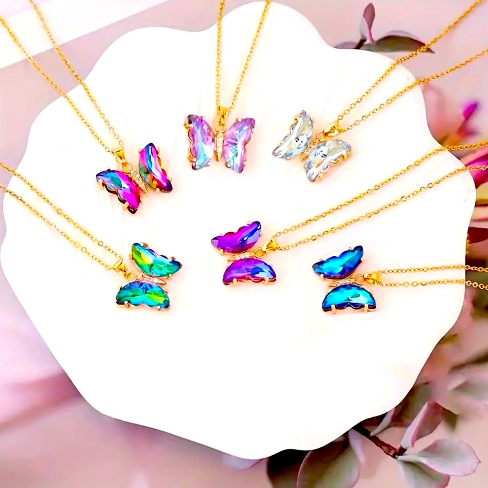 Blue Gold Plated Gradient Butterfly Necklace - Picture 2 of 2